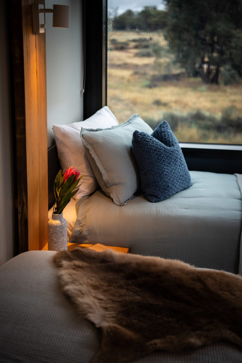 Sky Suite window seat overlooks Central West NSW outback with native flowers and cushions.