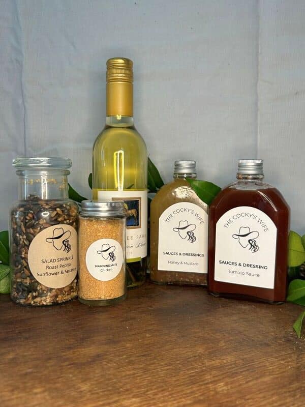 Wine and various gourmet condiments.