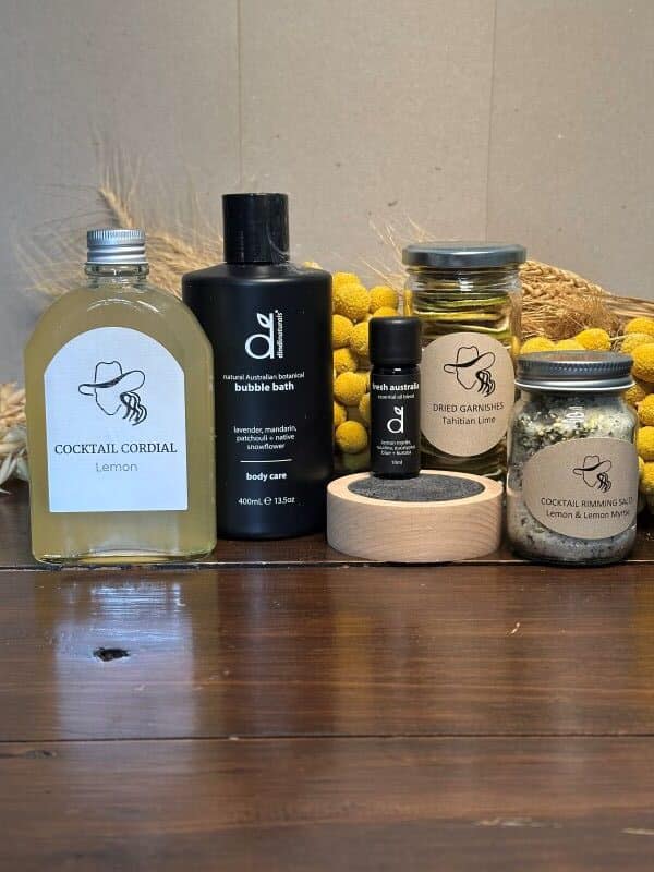 Bath products and cocktail ingredients displayed.